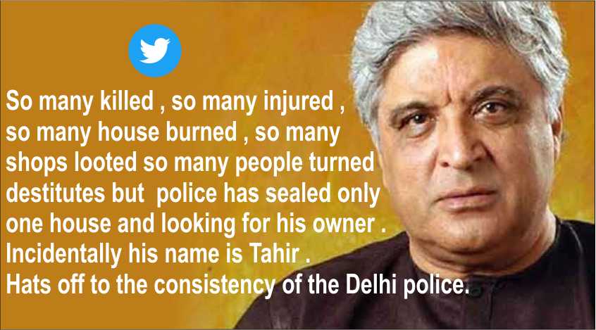  Javed Akhtar says police looking for tahir husain  because he is a Muslim